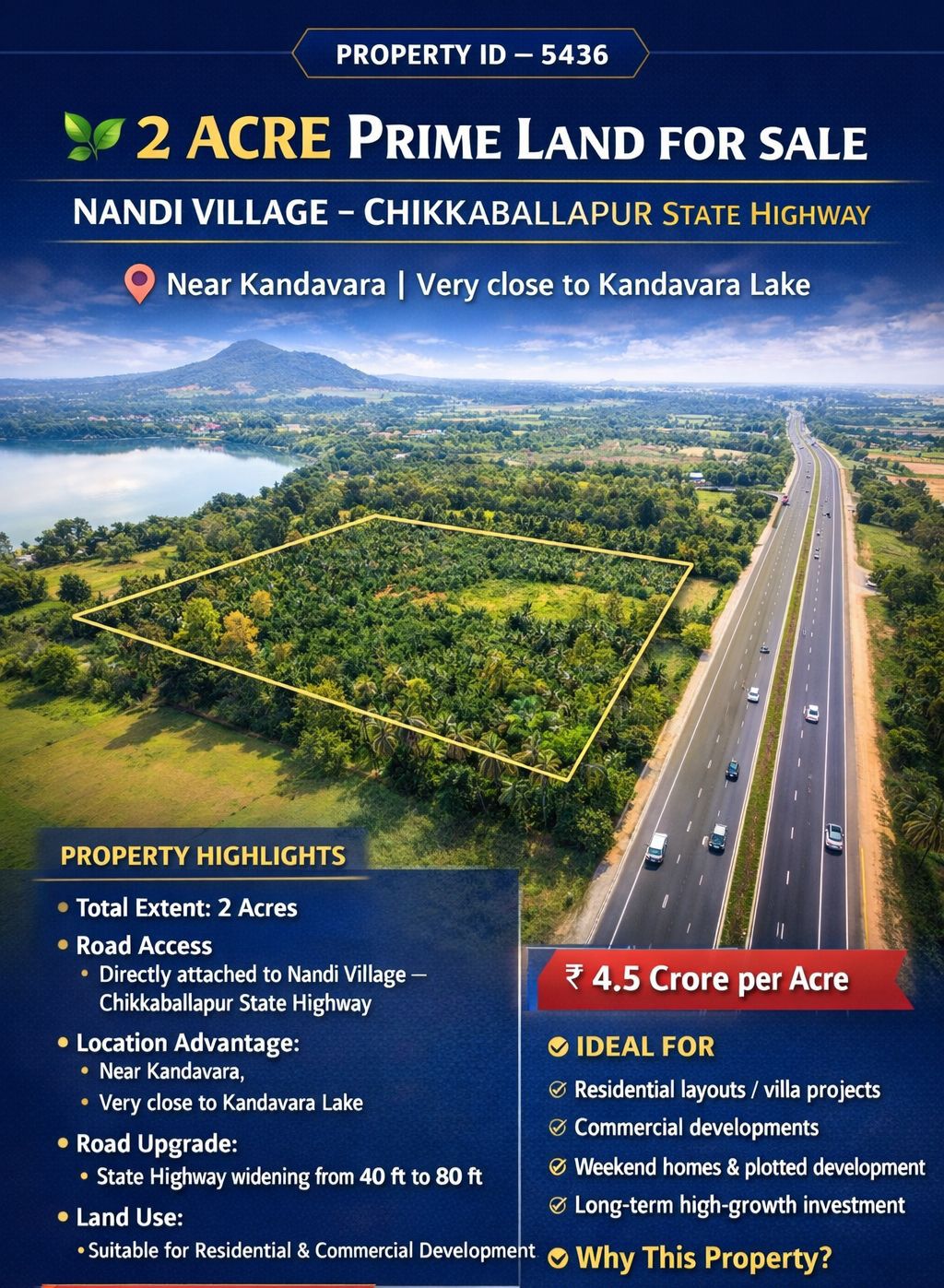 *PROPERTY ID – 5436 🌿 *2 Acre Prime Land for Sale – Nandi Village–Chikkaballapur State Highway*